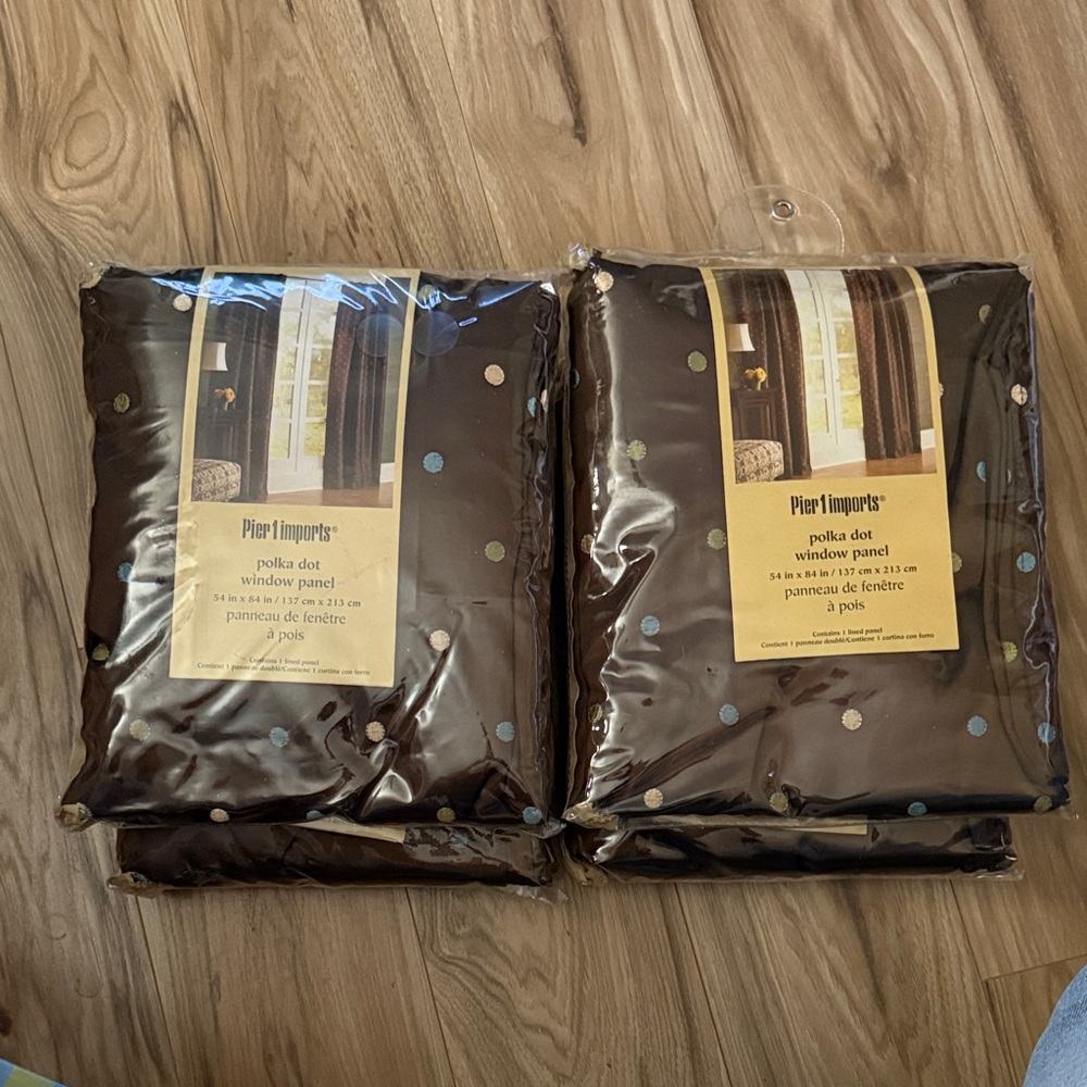 8 Pier 1 Brown Curtains w/ multi colored Polka Dot